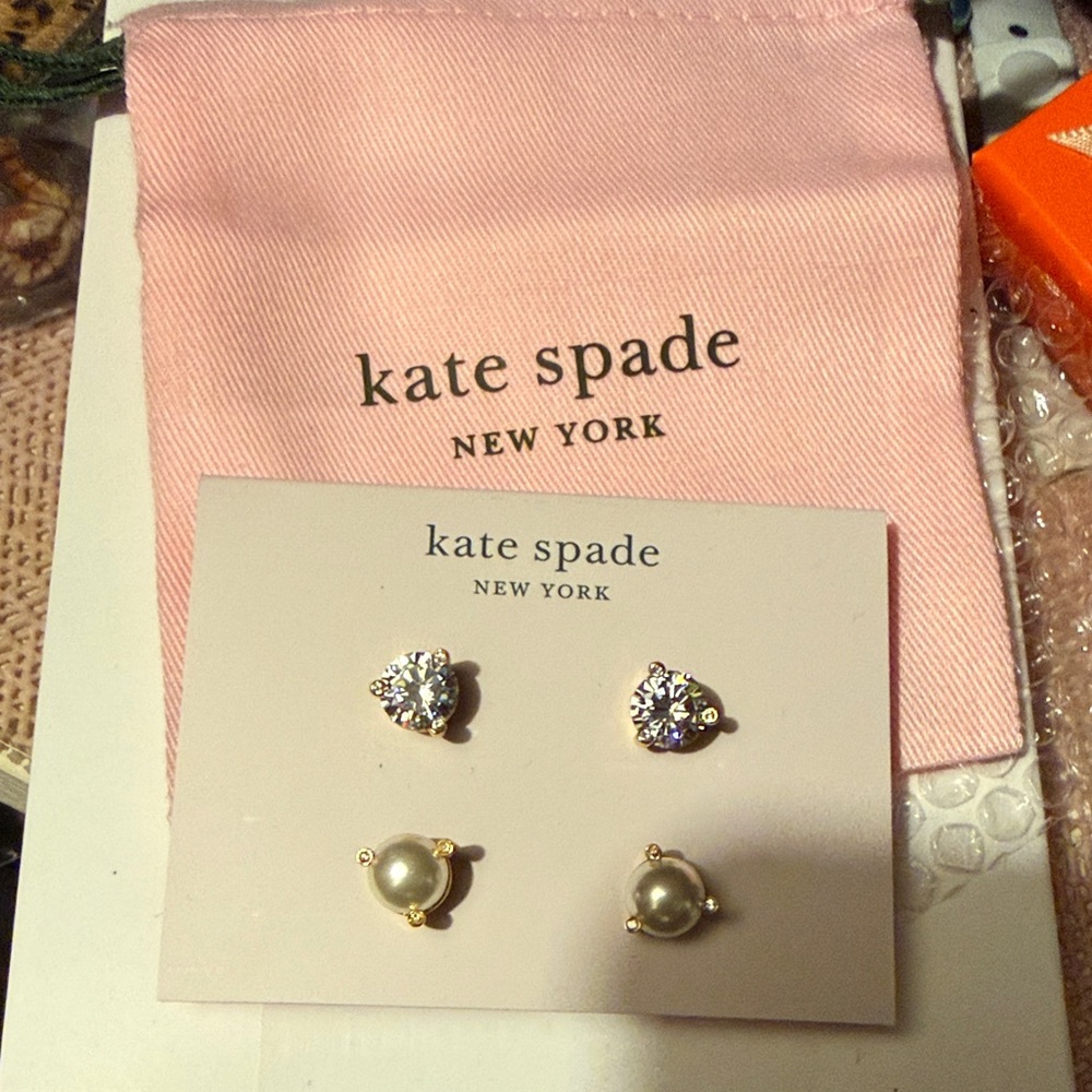 kate spade Gold Tone Crystal and Pearl Stud Earring Set - Pink Pouch
